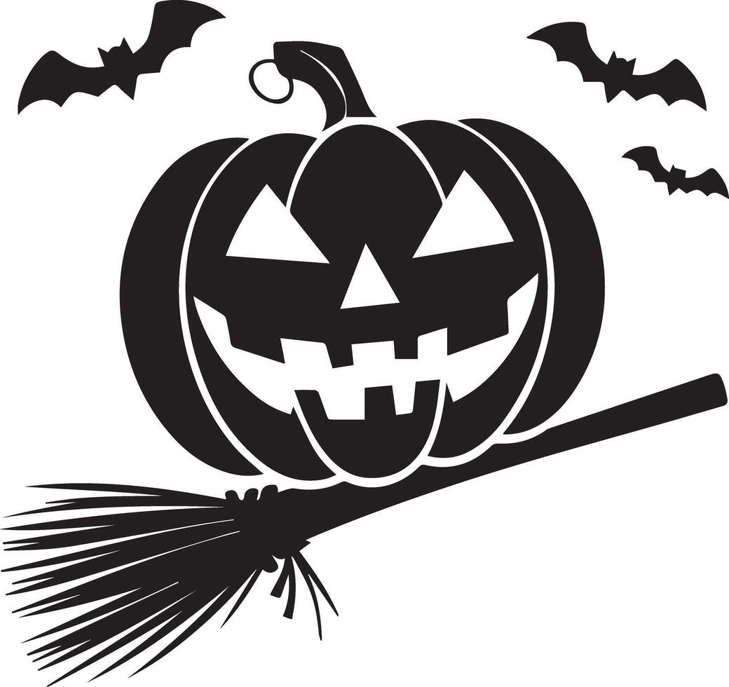 A Halloween pumpkin ghost with broom icon designed for multipurpose use. The design is creepy, ominous, and haunting, making it perfect for logos, posters, t-shirt designs, and other graphic projects vector