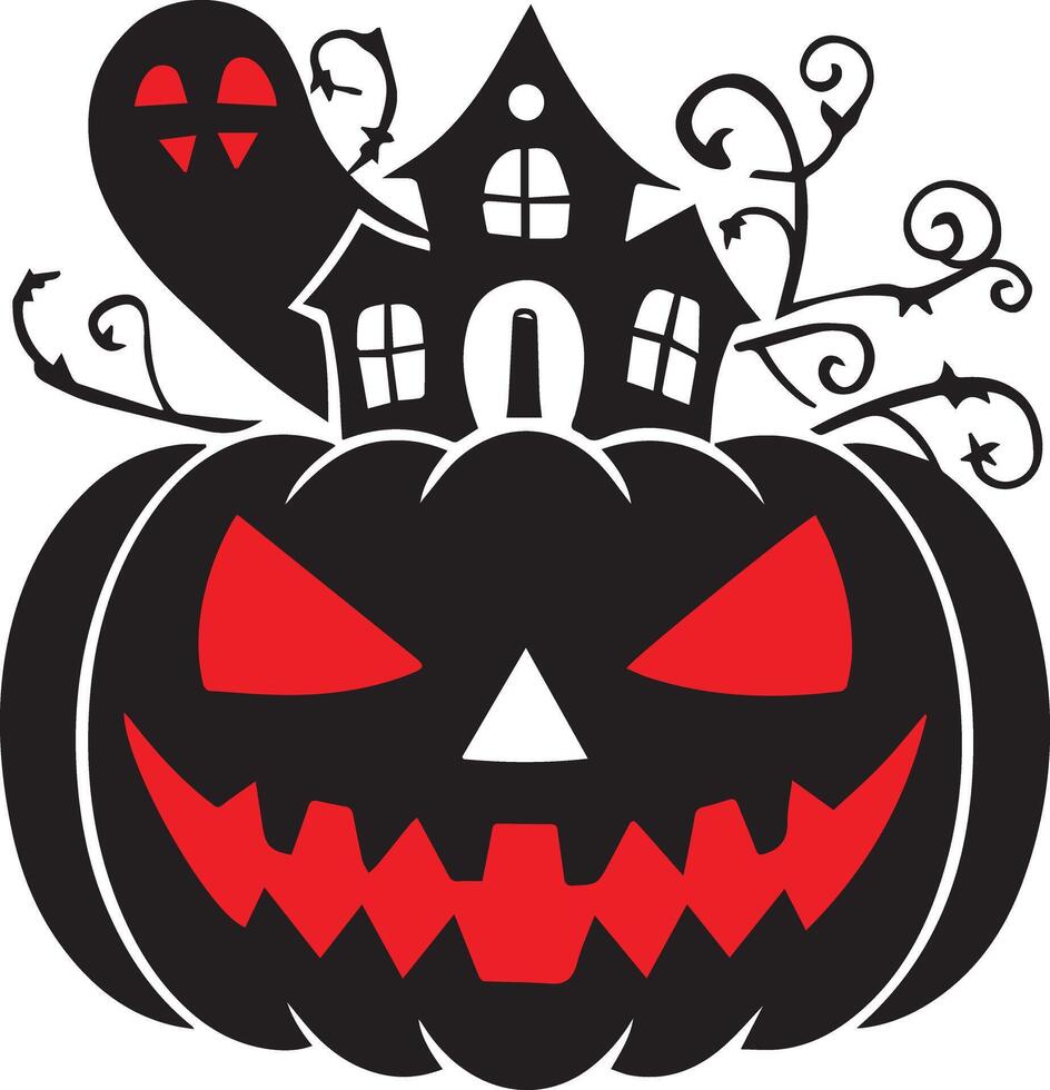 A Halloween ghost house and creepy pumpkin icon designed for multiple companies, featuring a creepy, eerie, and haunting style. Perfect for logos, posters, t-shirts, and other graphic projects. vector