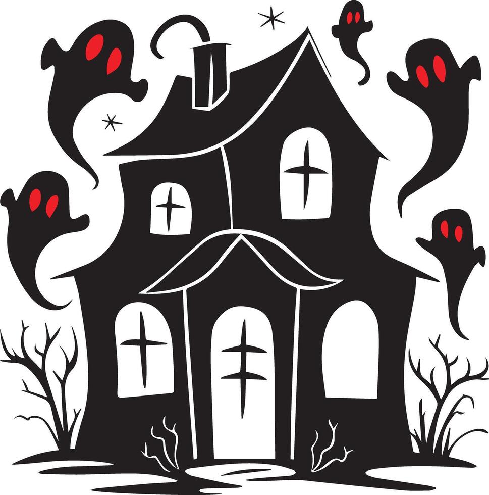 A Halloween ghost house icon designed for multiple companies, featuring a creepy, eerie, and haunting style. Perfect for logos, posters, t-shirts, and other graphic projects vector