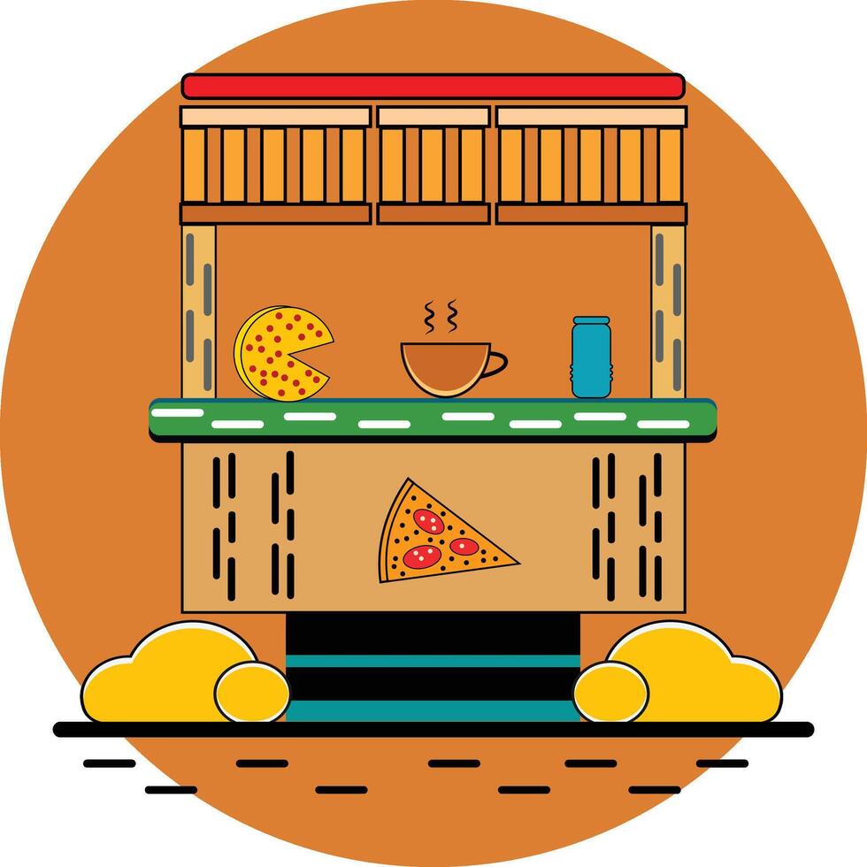 Pizza hut building flat line concept image. vector