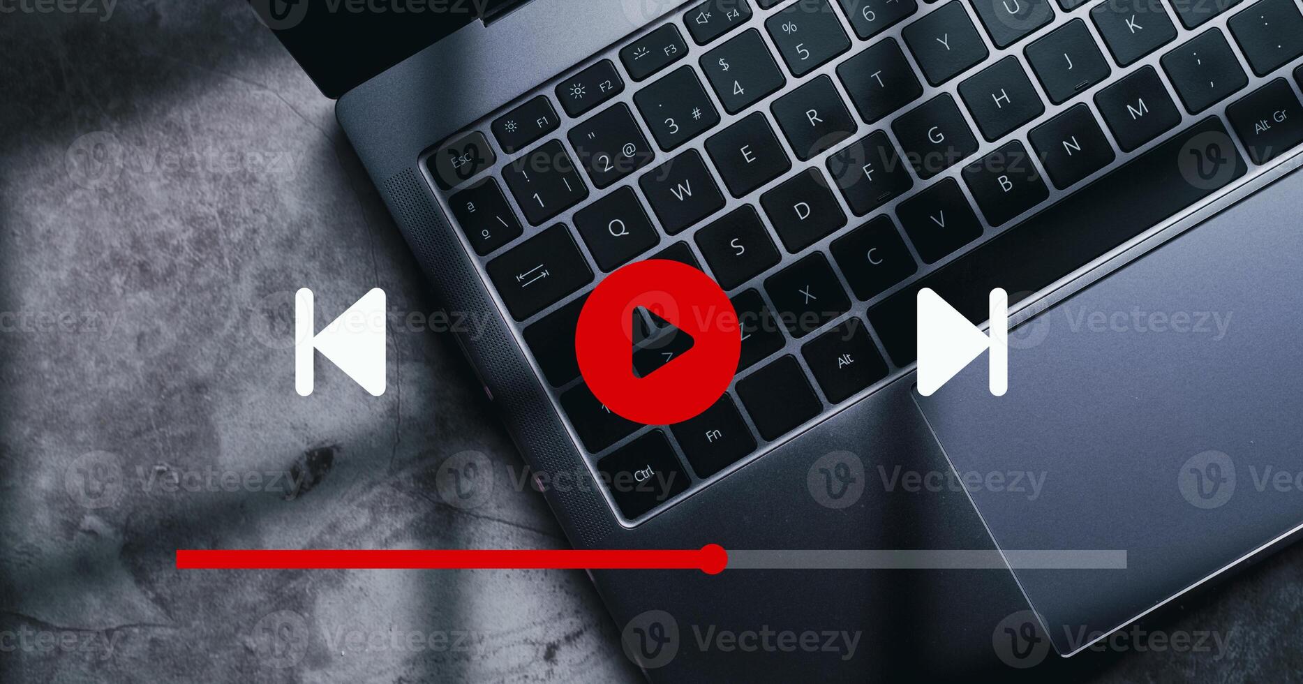 Virtual streaming on internet. Watching online movie, TV series, show or tutorial on laptop. Multimedia player. Subscription stream or channels. photo