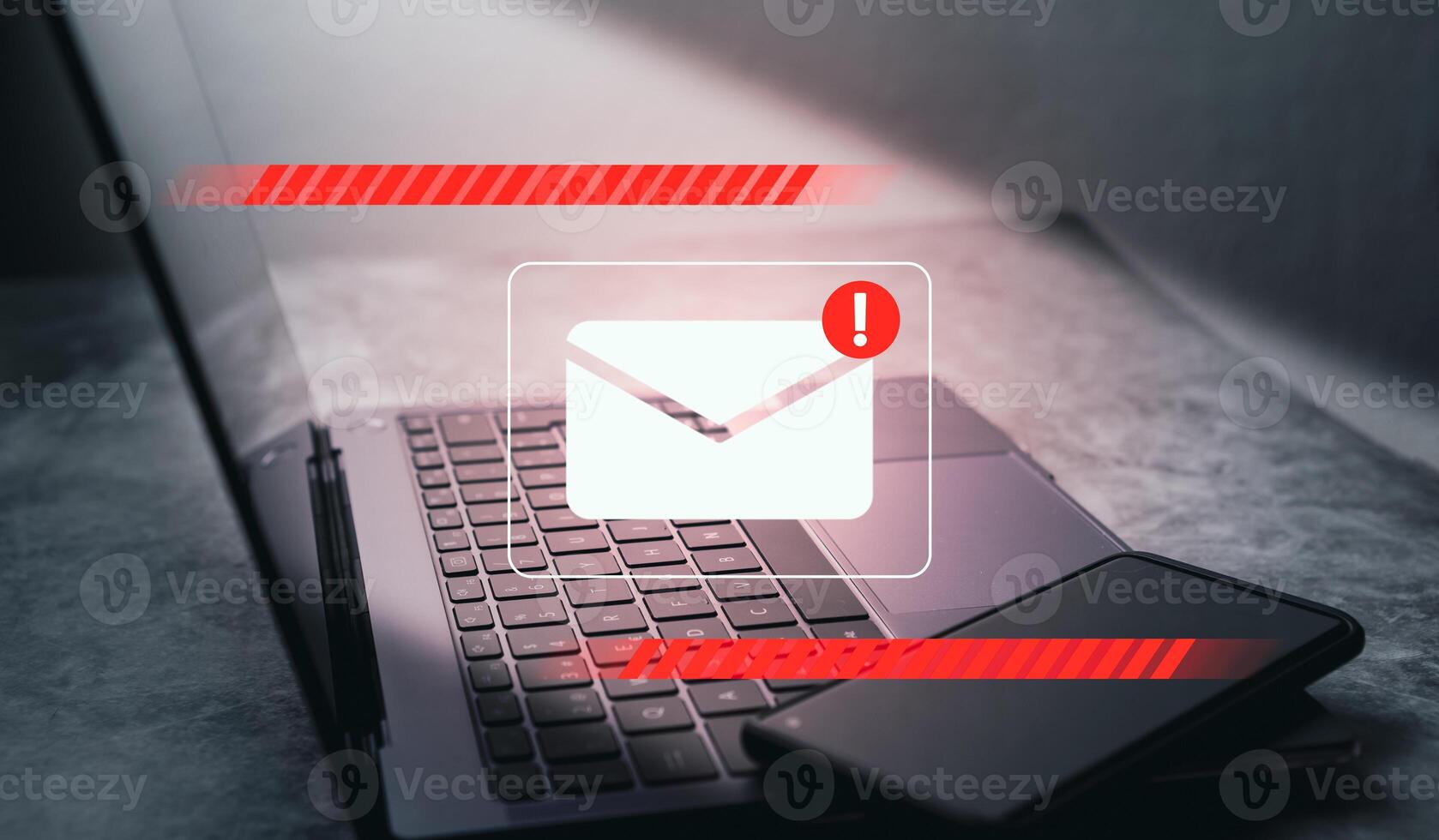 Alert email and spam virus with warning for notification. Letter security protect. Junk and trash mail and compromised information. photo