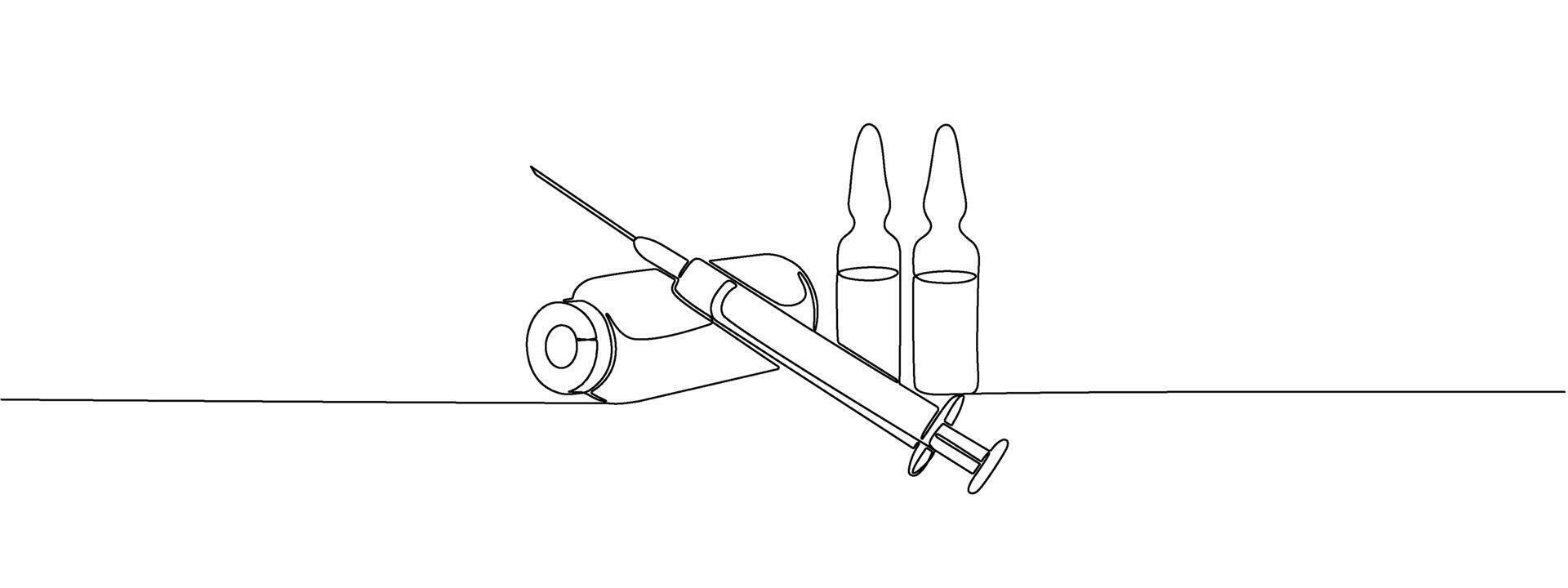 Drawing of a syringe, vial and ampoule of medicine with one continuous line. Symbol of pharmaceutical medicines and vaccines. editable line illustration. vector