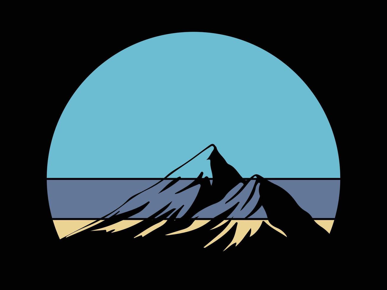 Retro vintage sunset striped circle with mountain silhouettes. mountain with sunset t shirt design black background vector