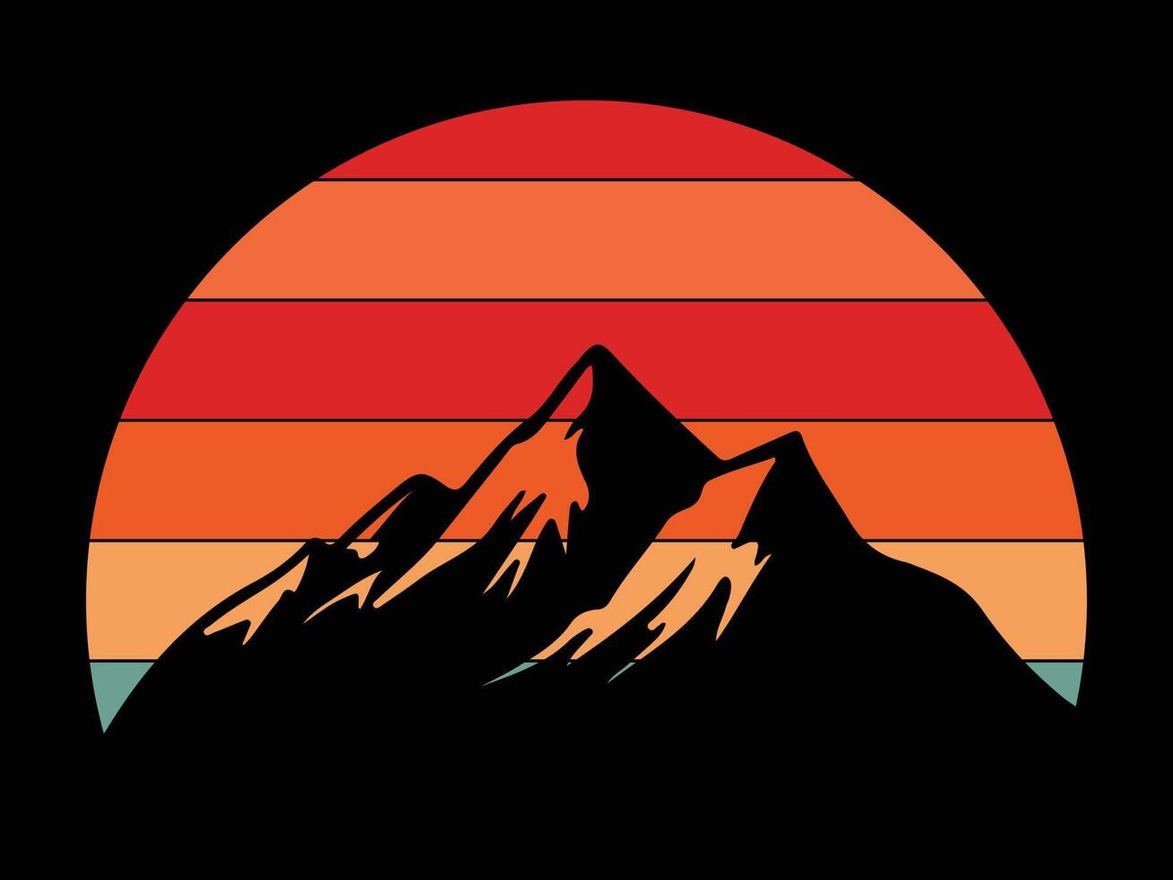 Vintage retro sunset striped circle with mountain silhouettes. mountain with sunset stylish t shirt design black background vector