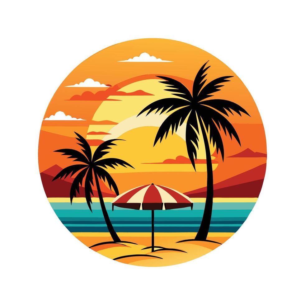 Sunset Behind Silhouette Palm Trees or coconut trees on the Beach for t-shirt design vector