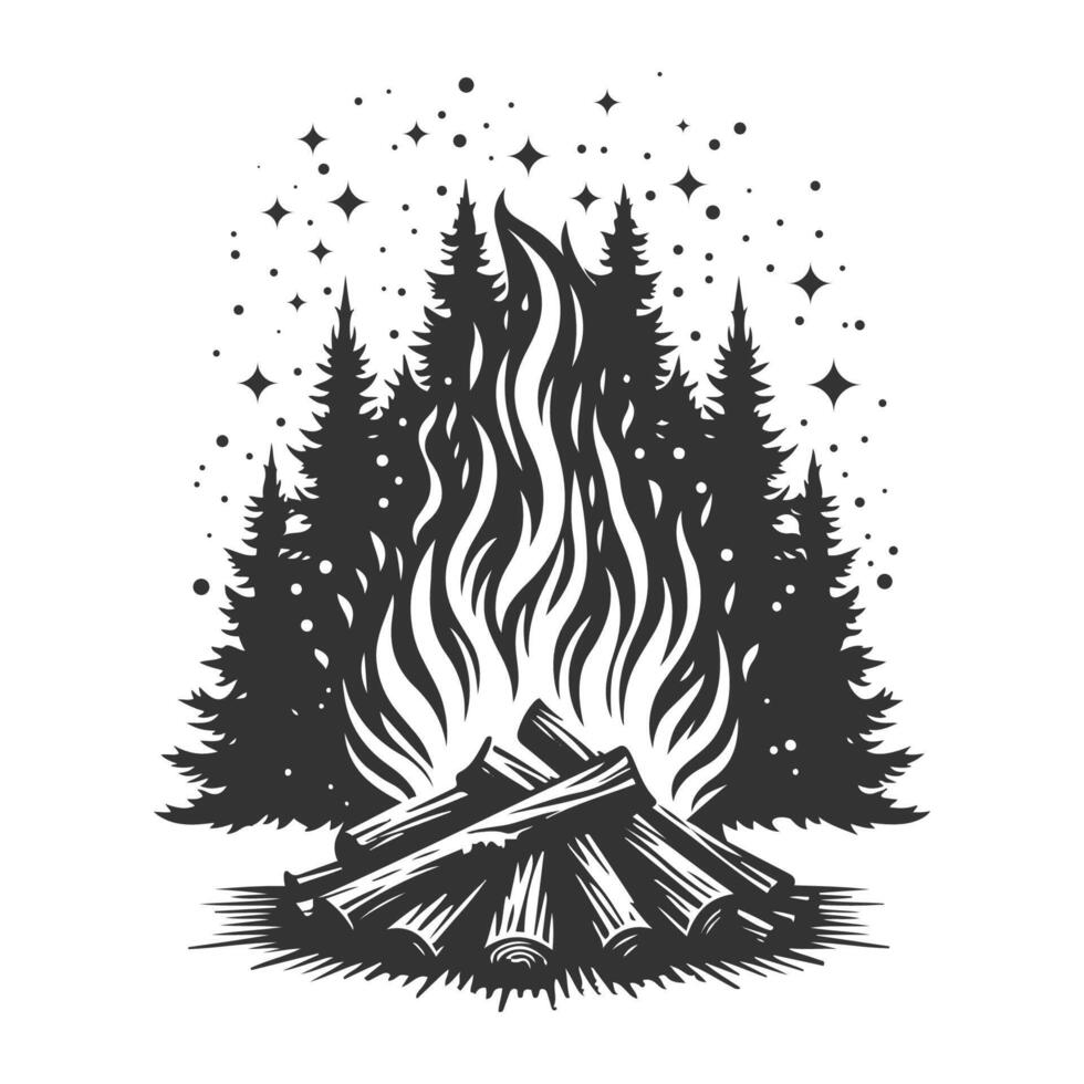 Campfire silhouette, icon, on white background. vector