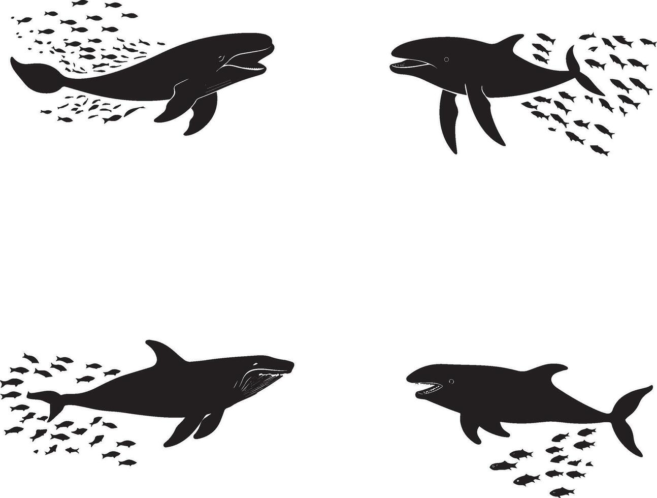 silhouette icon whales open mouth chasing small vector
