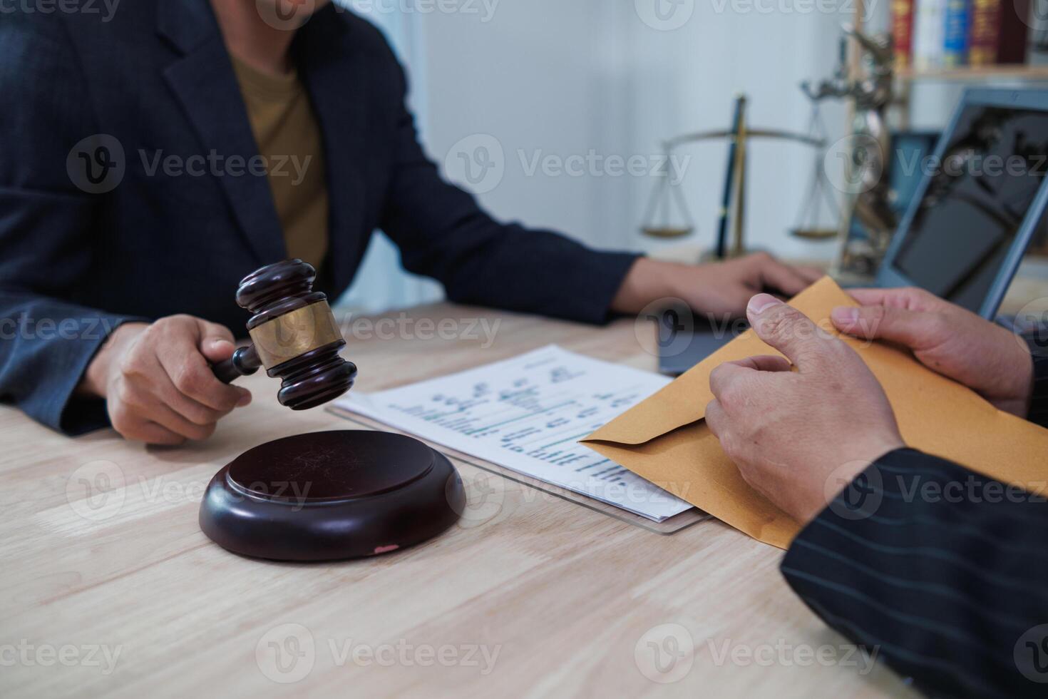 Lawyers sit inside the law office waiting to give advice to clients who need help with legal matters to prevent mistakes in business investment. Concept of receiving legal advice with team of lawyers. photo