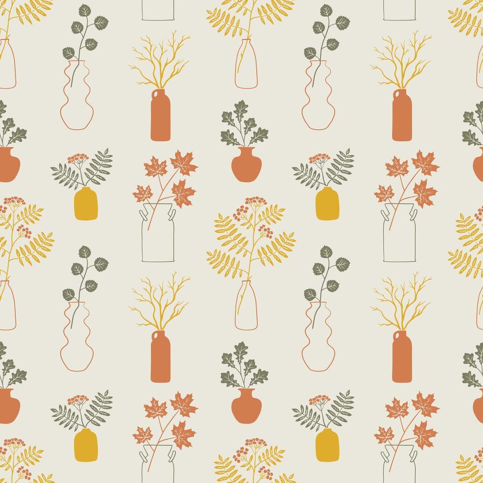 Vases with autumn leaves pattern. vector