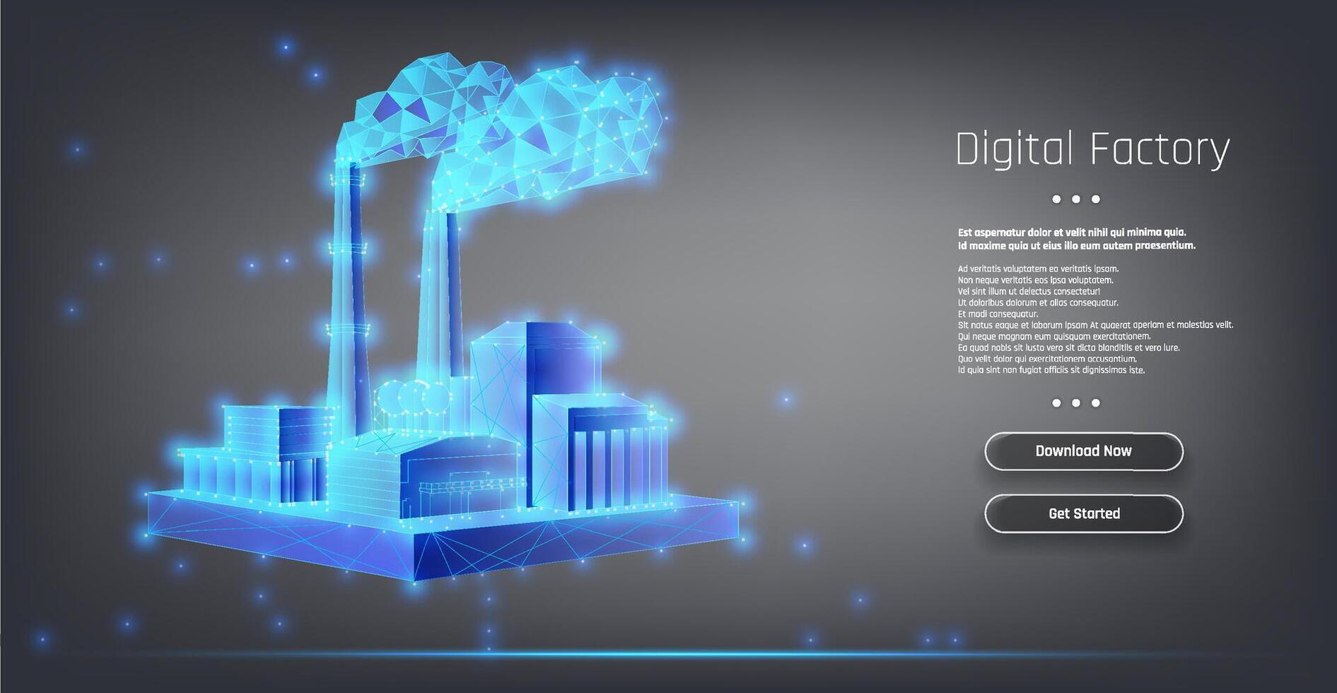 A futuristic digital factory illustration showcasing industrial architecture with smokestacks set against a sleek gray background vector