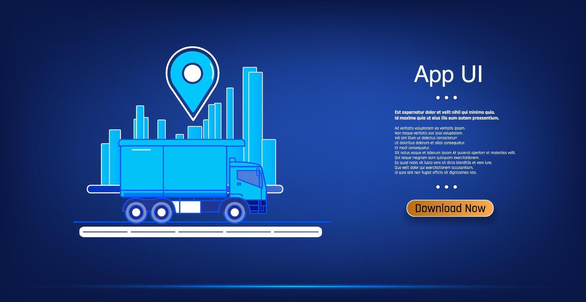 Colorful banner for a delivery app featuring a modern cityscape background, a yellow delivery truck with a large location pin, and a call-to-action button. Ideal for app design, vector