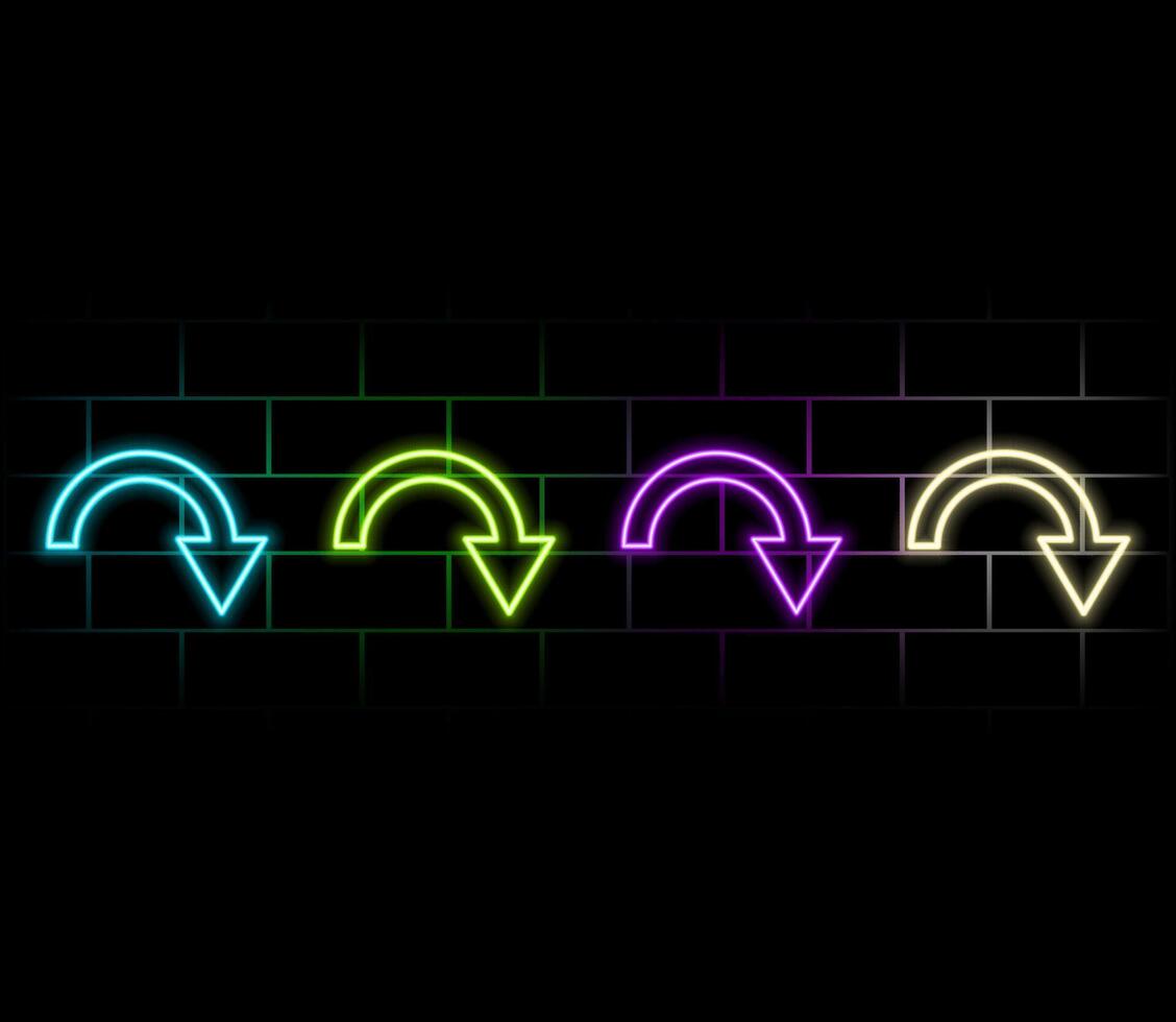 Two neon indicators on brick wall. Download and next symbol. Colorful pointer. Bright flyer. Simple arrow. Glowing poster. Editable stroke. stock illustration vector