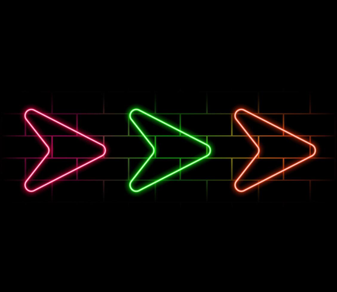 Neon arrow sign. Set of red futuristic glowing neon arrow pointer on brick wall background vector