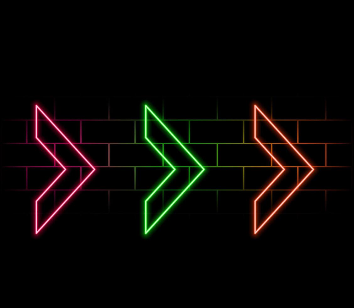 Neon arrow icon. Glowing neon swipe up sign, outline arrow pointer silhouette in vivid colors. Arrowhead and cursor navigation, movement direction, motion way. icon set, sign, symbol for UI vector
