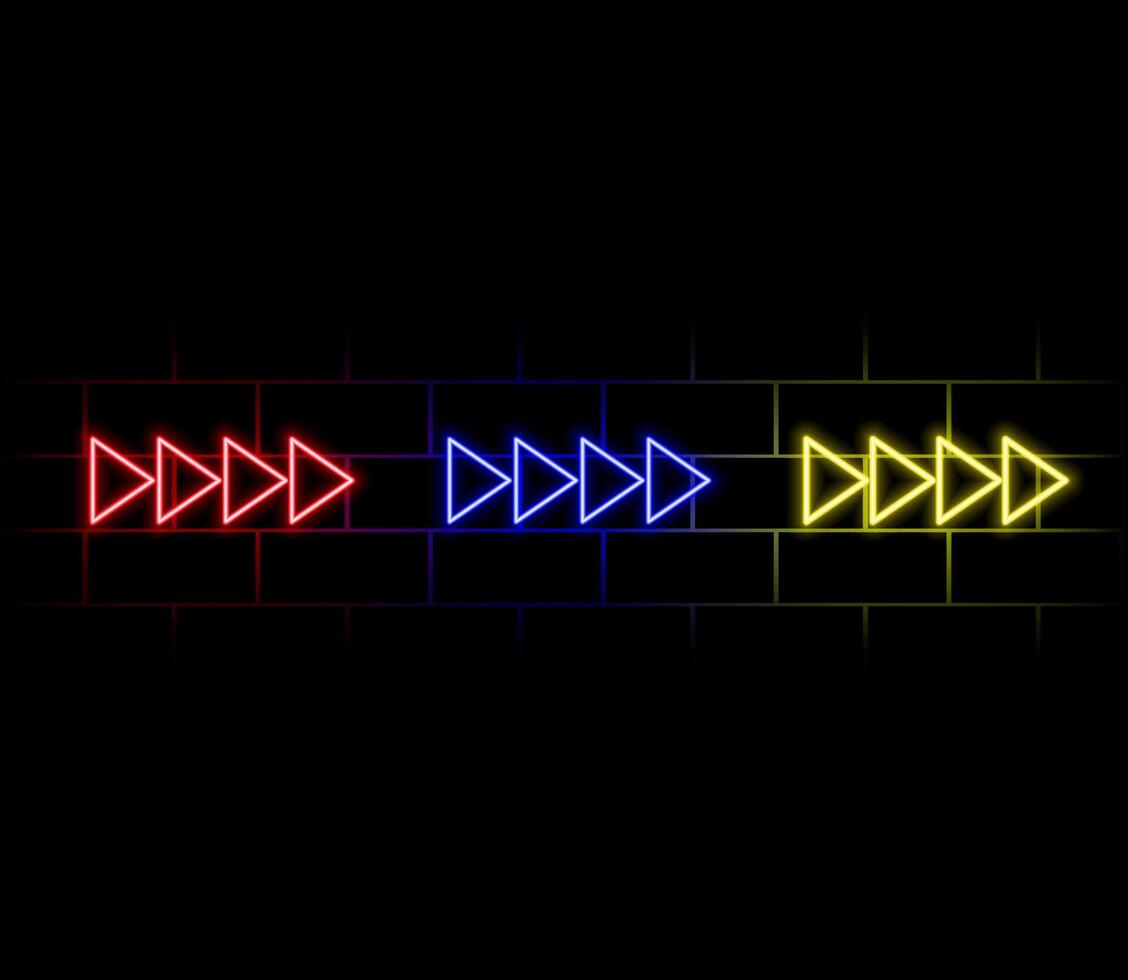 A set of neon arrows with shining effects, highlights on a dark blue background. Futuristic modern neon glowing frame. illustration. vector