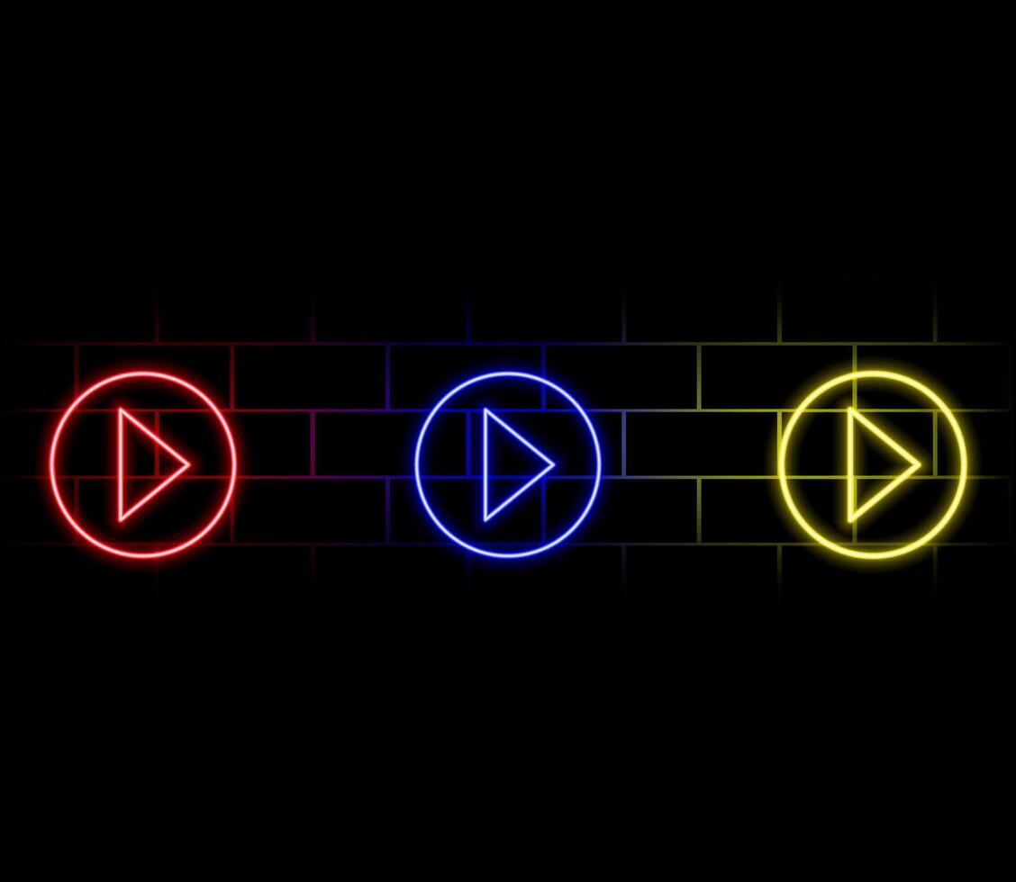 A set of neon arrows and pointers of different colors on the background of the wall. vector