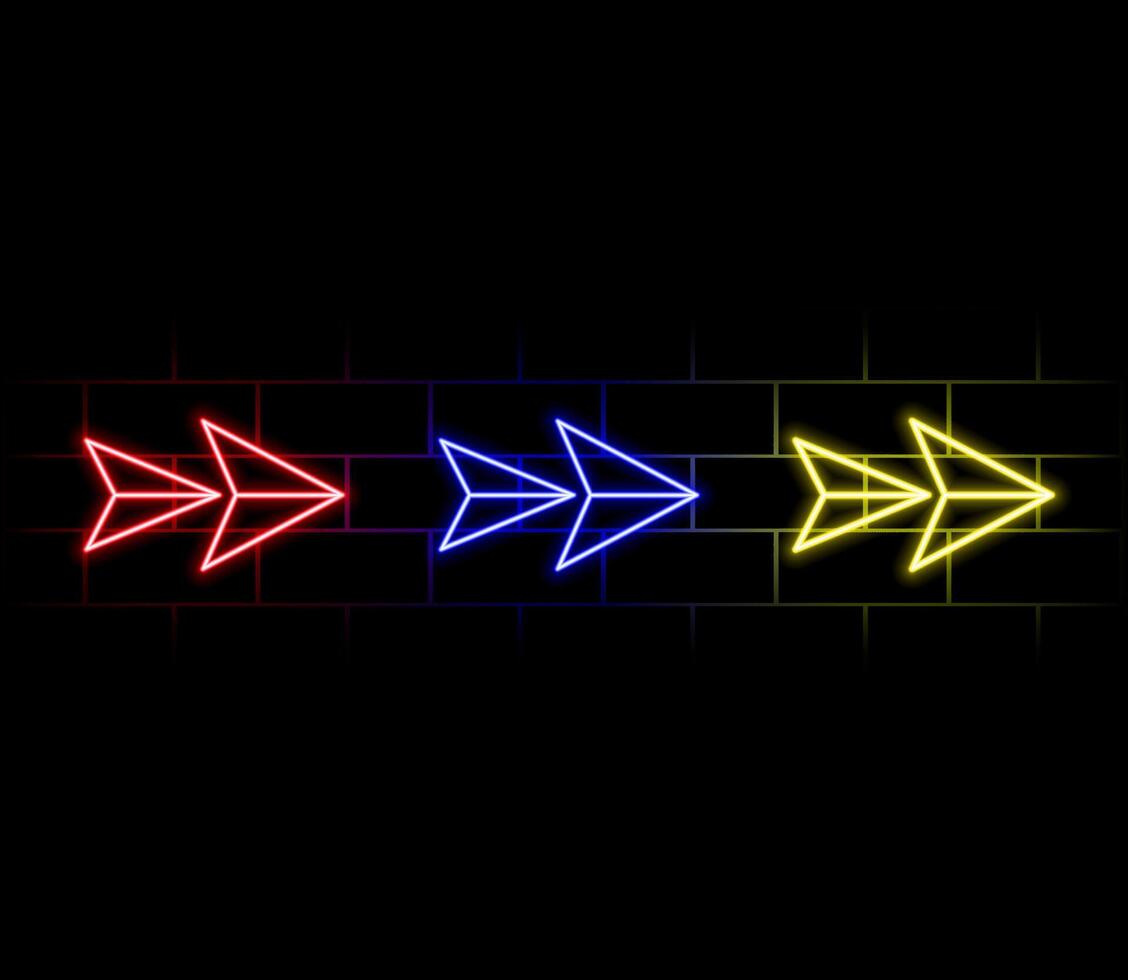 of isolated neon directional arrows, LED pointer lines, Glowing retro street club light signs, Multiple colors collection pink, blue, orange, and green vector