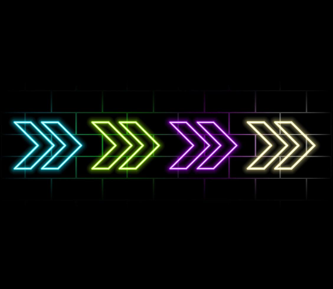 Neon futuristic arrow sign. Set of colorful glowing neon arrow pointer on brick wall background vector