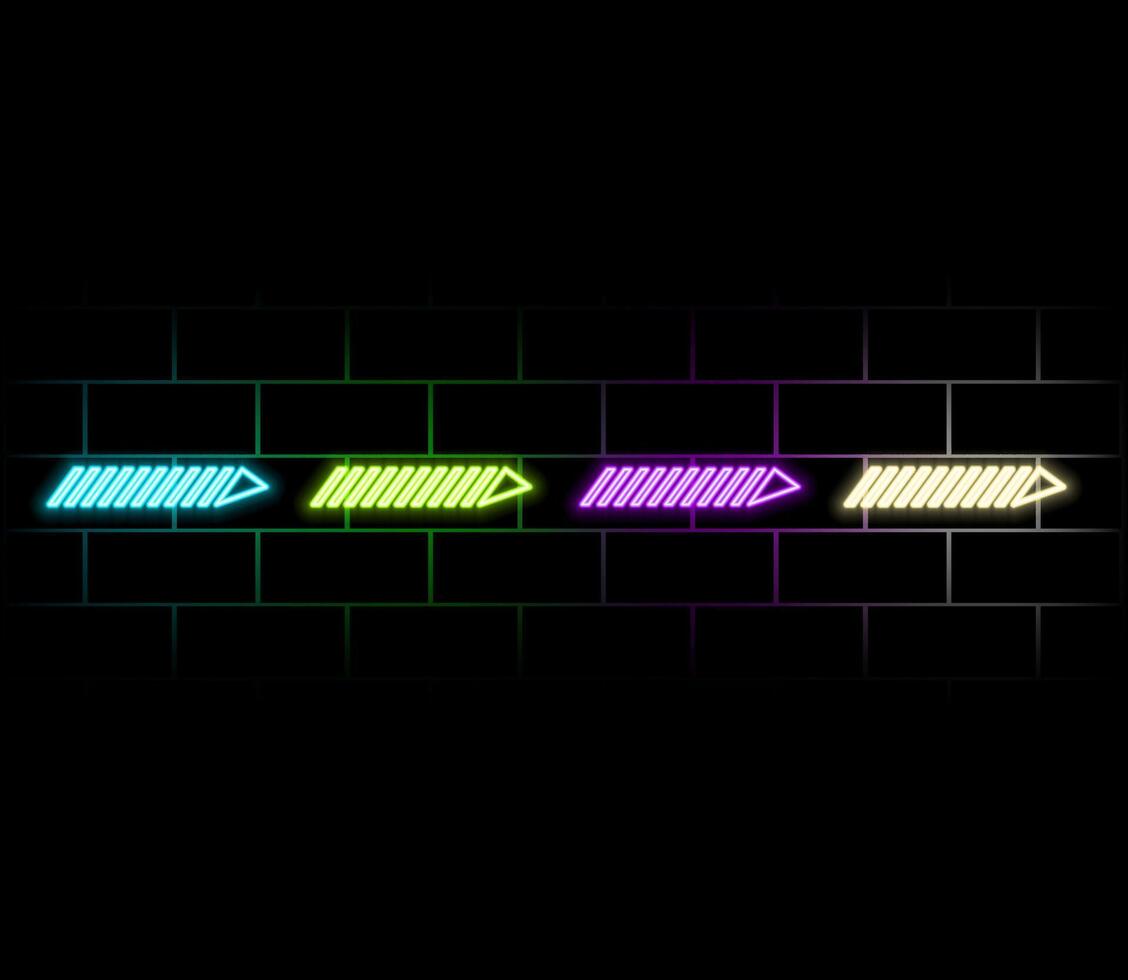 Two neon indicators on brick wall. Download and next symbol. Colorful pointer. Bright flyer. Simple arrow. Glowing poster. Editable stroke. stock vector
