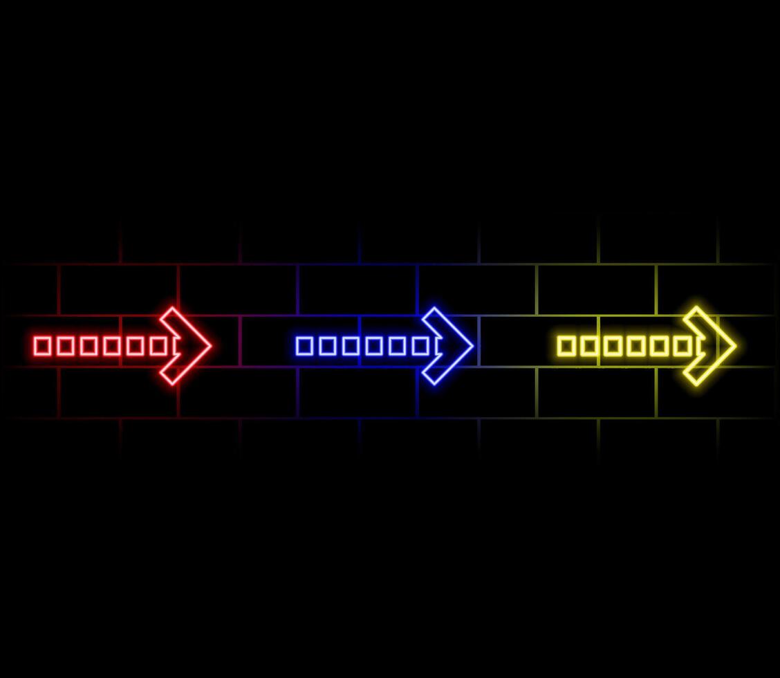 Bright blue neon light arrows pointing to the right. 3D rendering of glowing neon arrows on a black background. Flashing direction indicators. vector