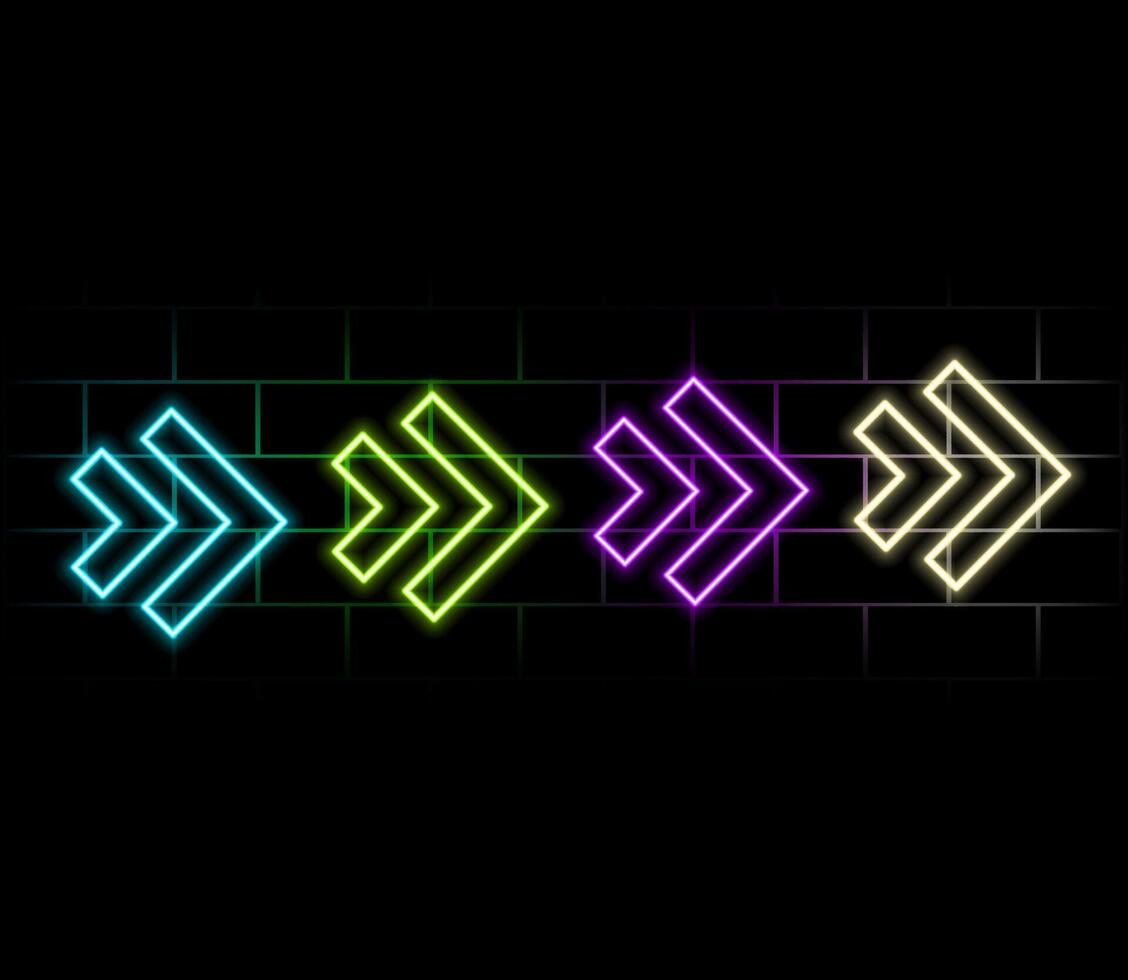 Set of colorful neon arrows, web icons. Neon arrow signs collection. Bright arrow pointer symbols on brick wall background. Banner design, bright advertising signboard elements. illustration. vector