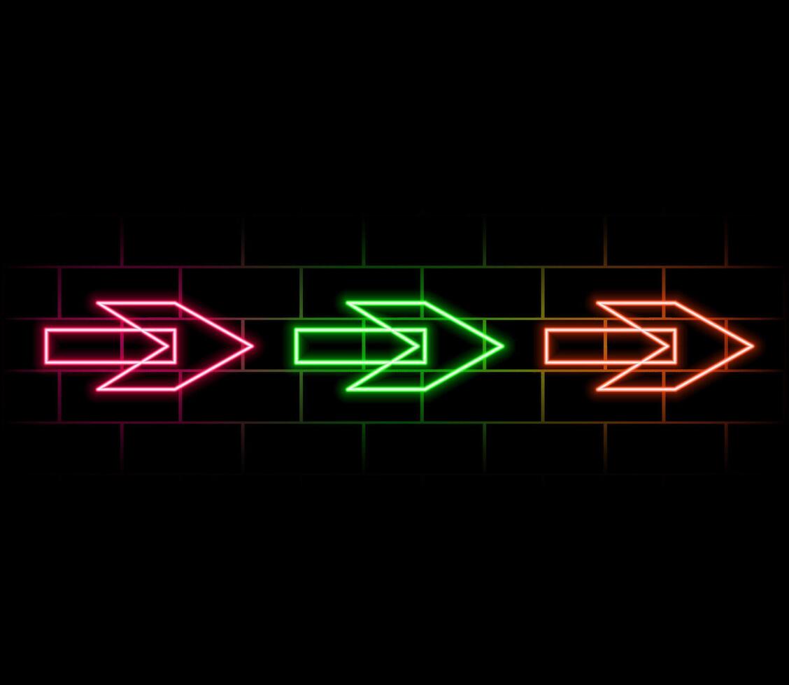 Neon frame. Set of neon arrows in different colors. Laser glowing lines on a dark background. Neon glowing pointer. vector