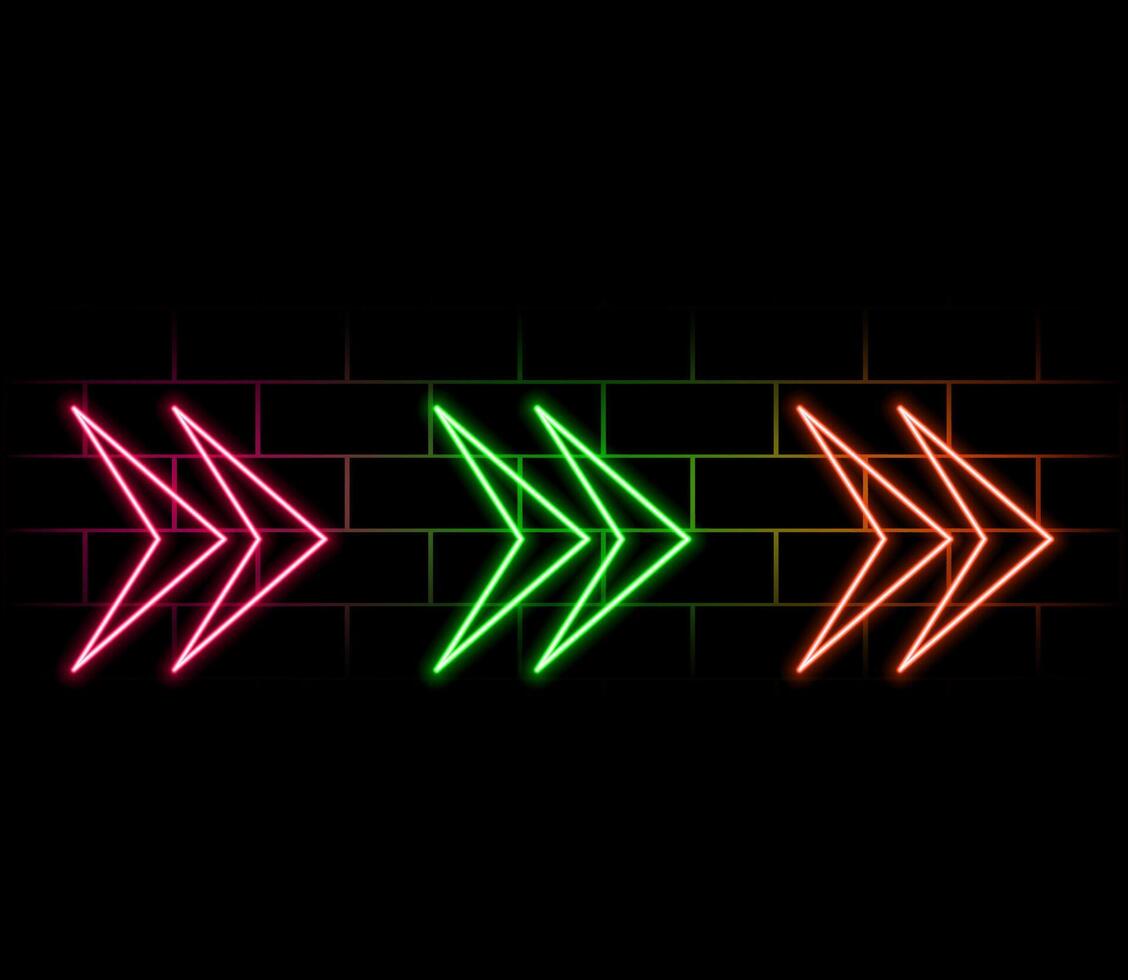 Neon arrow signs collection. Bright arrow pointer symbols. Set of colorful neon arrows, web icons on brick wall background. Banner design, bright advertising signboard elements. illustration. vector