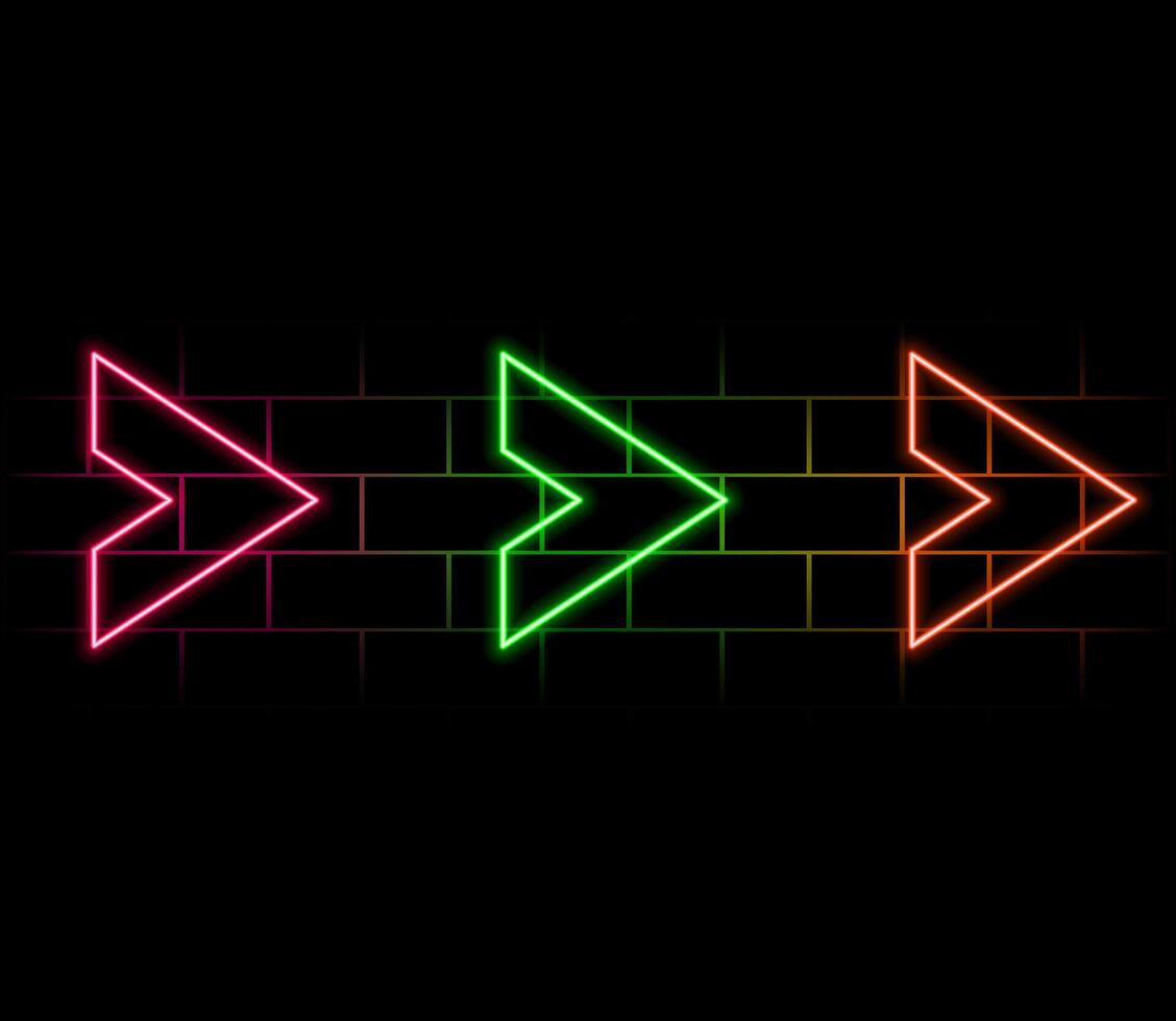 Two neon indicators on brick wall. Download and next symbol. Colorful pointer. Bright flyer. Simple arrow. Glowing poster. Editable stroke. stock illustration vector