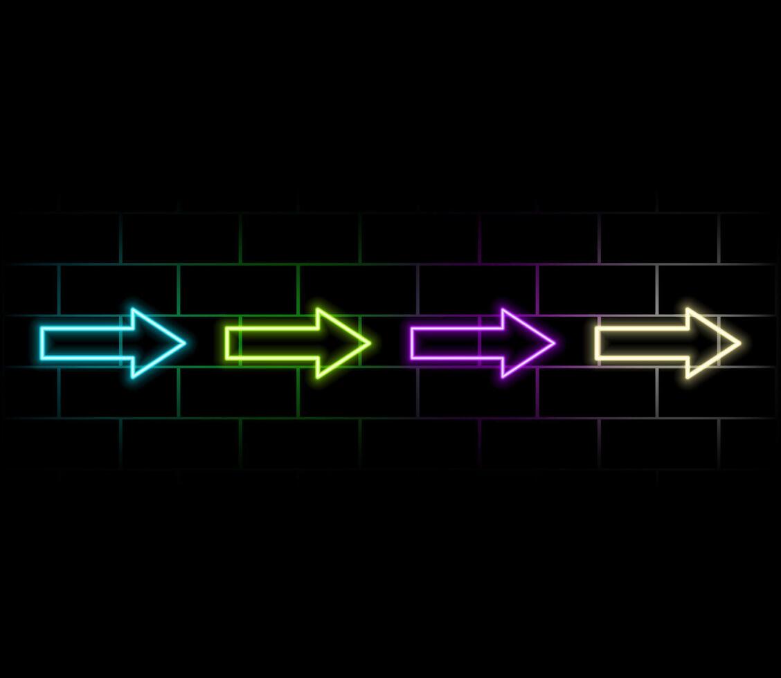 Neon multi-colored arrows, pointers with a glow on the tip. Different shapes and directions from bottom to top, reversal, curved and straight. 3d realistic VFX effects. vector
