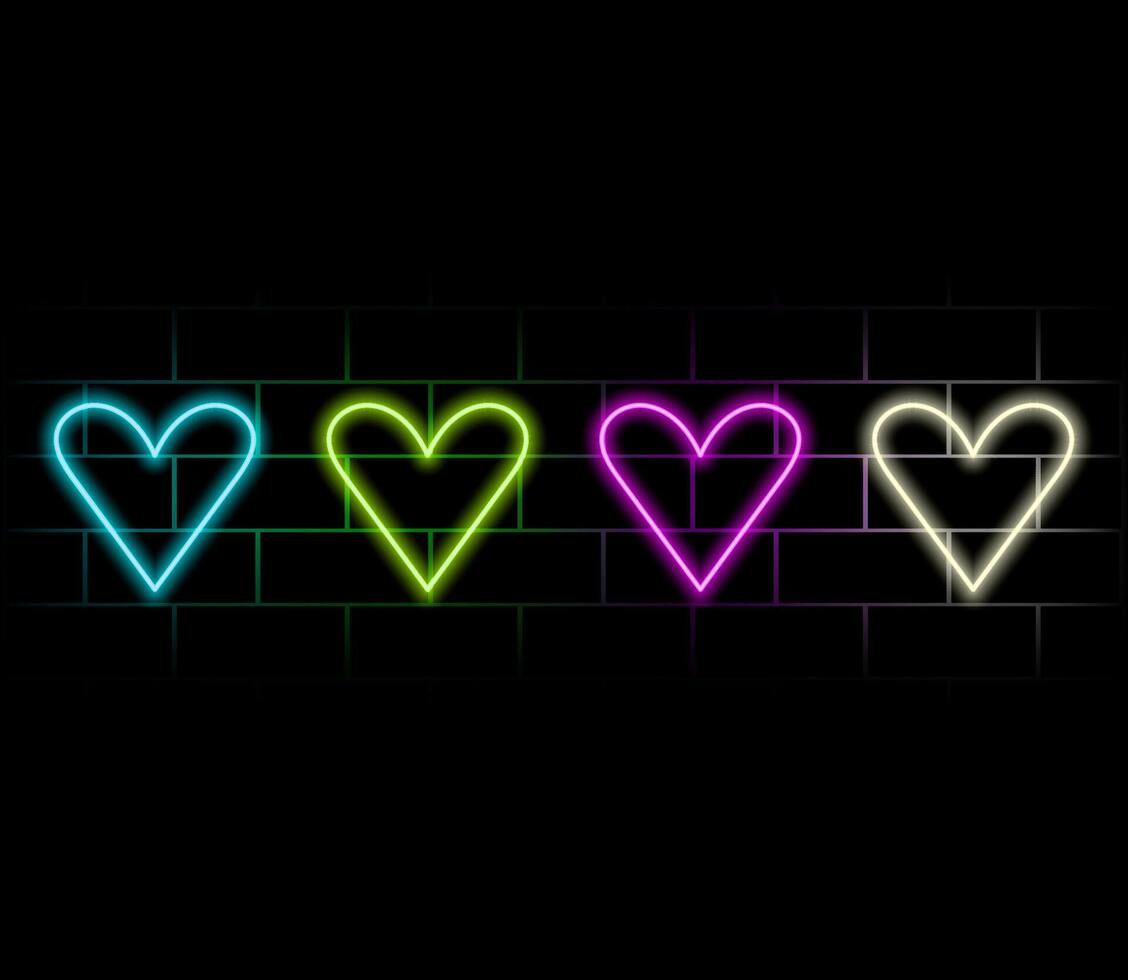 Neon Hearts. Isolated on the Black Background with Backlight vector