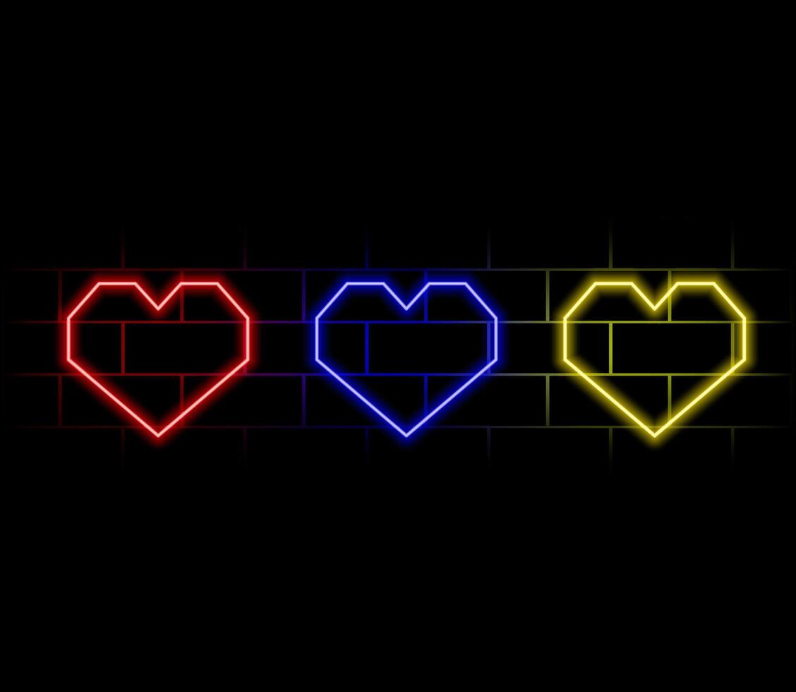 Neon heart shape or laser glowing pink and blue lines in fog background. Retrowave style wallpaper with copyspace. illustration of realistic mockup, template for game design, night club logo vector