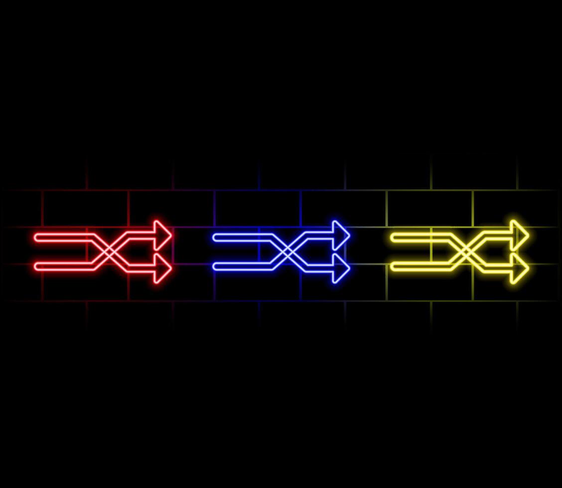 Neon right arrows colourful icons set. Realistic glowing pointers on transparent background. Location indicator for casino, bar, cinema, nightclub and motel, isolated symbol pack. vector