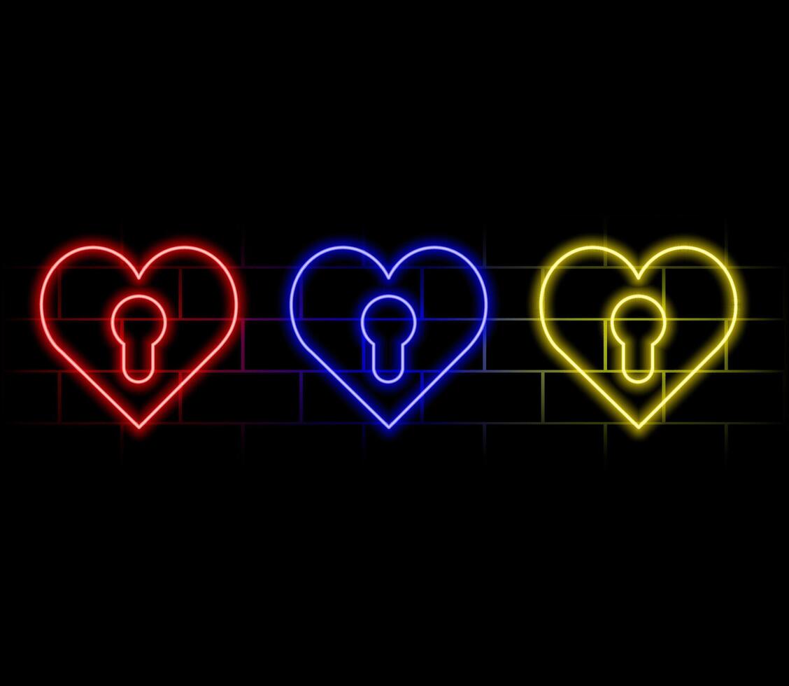 Gradient neon heart frames set. Glowing borders isolated on a dark background. vector
