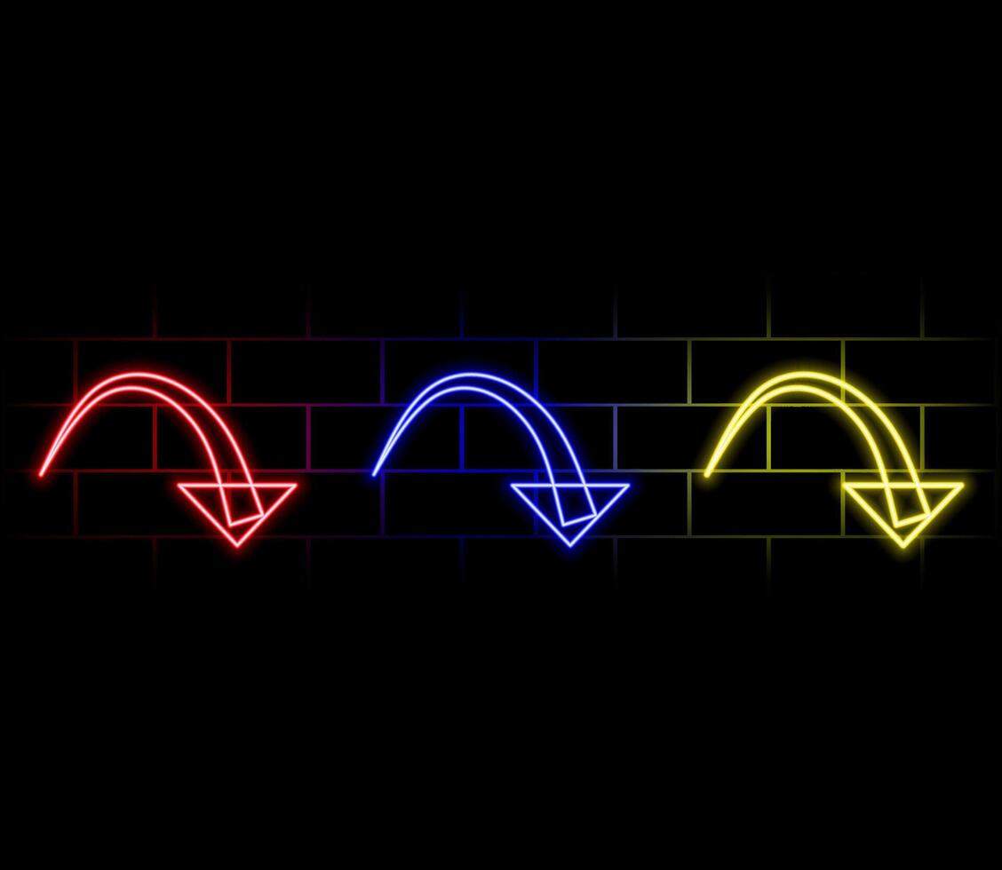 Neon futuristic arrow sign. Set of colorful glowing neon arrow pointer on brick wall background vector