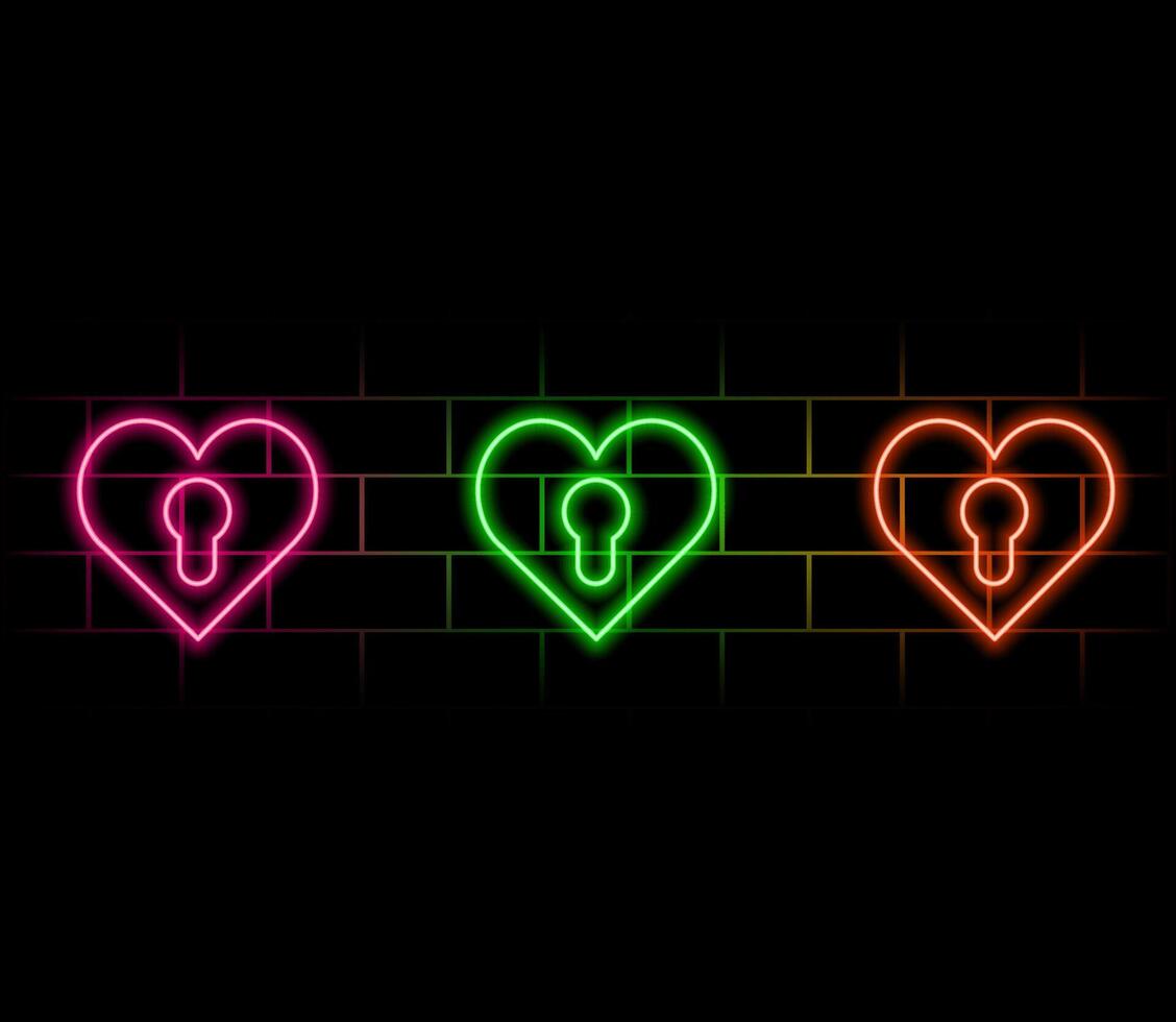 Shiny confetti with heart shapes neon sign. Happy Valentines day celebration. Outer glowing poster. Holiday design on brick wall. Editable stroke. stock illustration vector