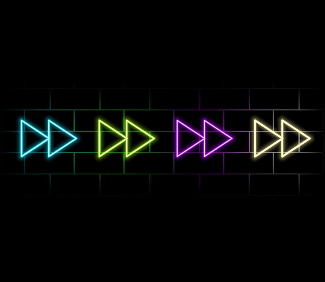 Neon arrow icon. Glowing neon pointer sign, straight arrow in vivid colors. Retro navigation, arrow direction forward back down up. Icon set, sign, symbol for UI. illustration vector