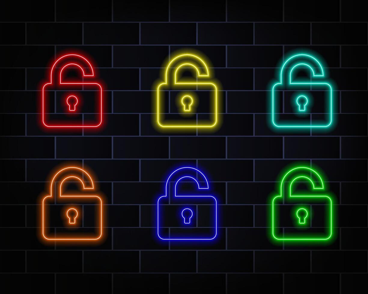 Neon padlock. Lock unlock. Concept lock neon style on dark background. illustration. red, yellow, blue, orange and green. vector