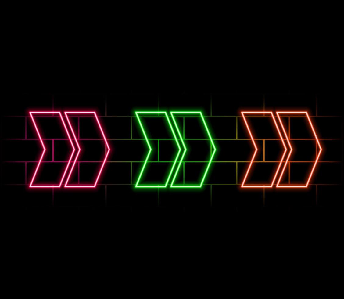 Neon arrow. Glowing pointer sign on black background. Colorful and bright retro light symbol. design element. vector