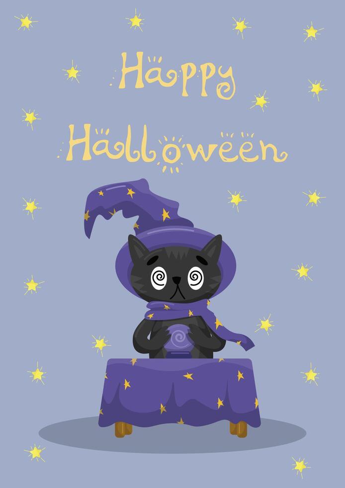 Happy Halloween card. A cat sits in front of a magic ball at a table with a purple tablecloth with stars. Postcard on a blue background with yellow stars. For card, postcards, banner, poster. vector