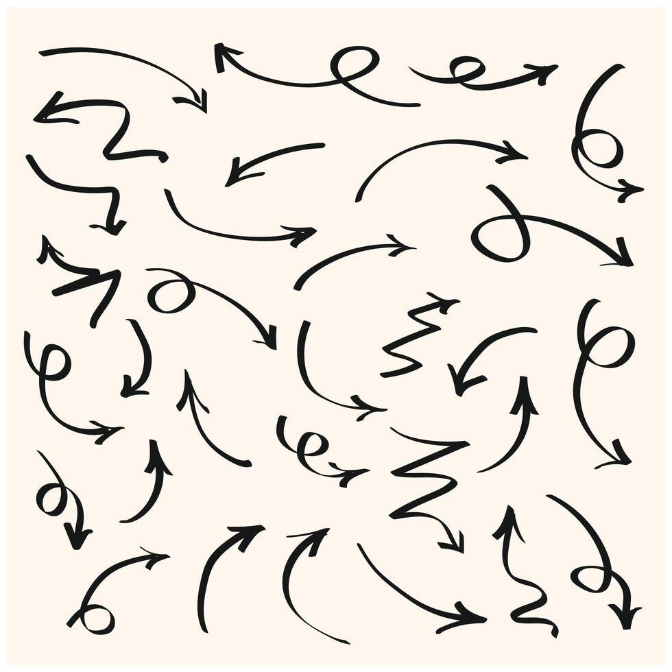 Thin curved sketch arrows collection With illustration style doodle and line art vector