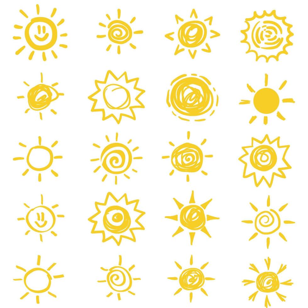 Set of yellow suns With illustration style doodle and line art vector