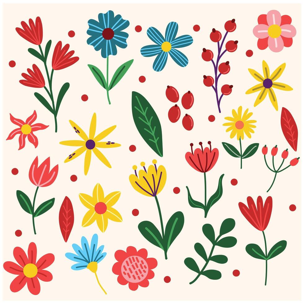 Collection of spring colorful flower elements with background cream vector