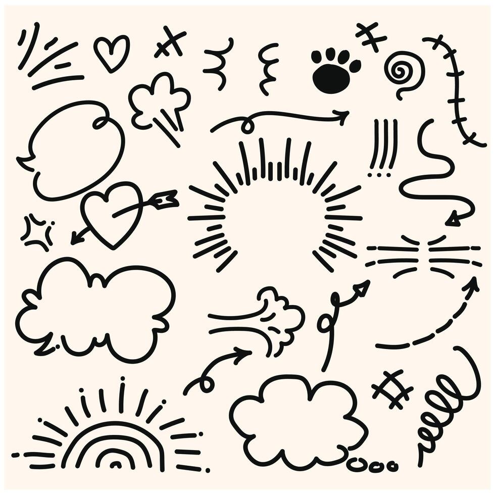 Set of cute pen line doodle element With illustration style doodle and line art vector