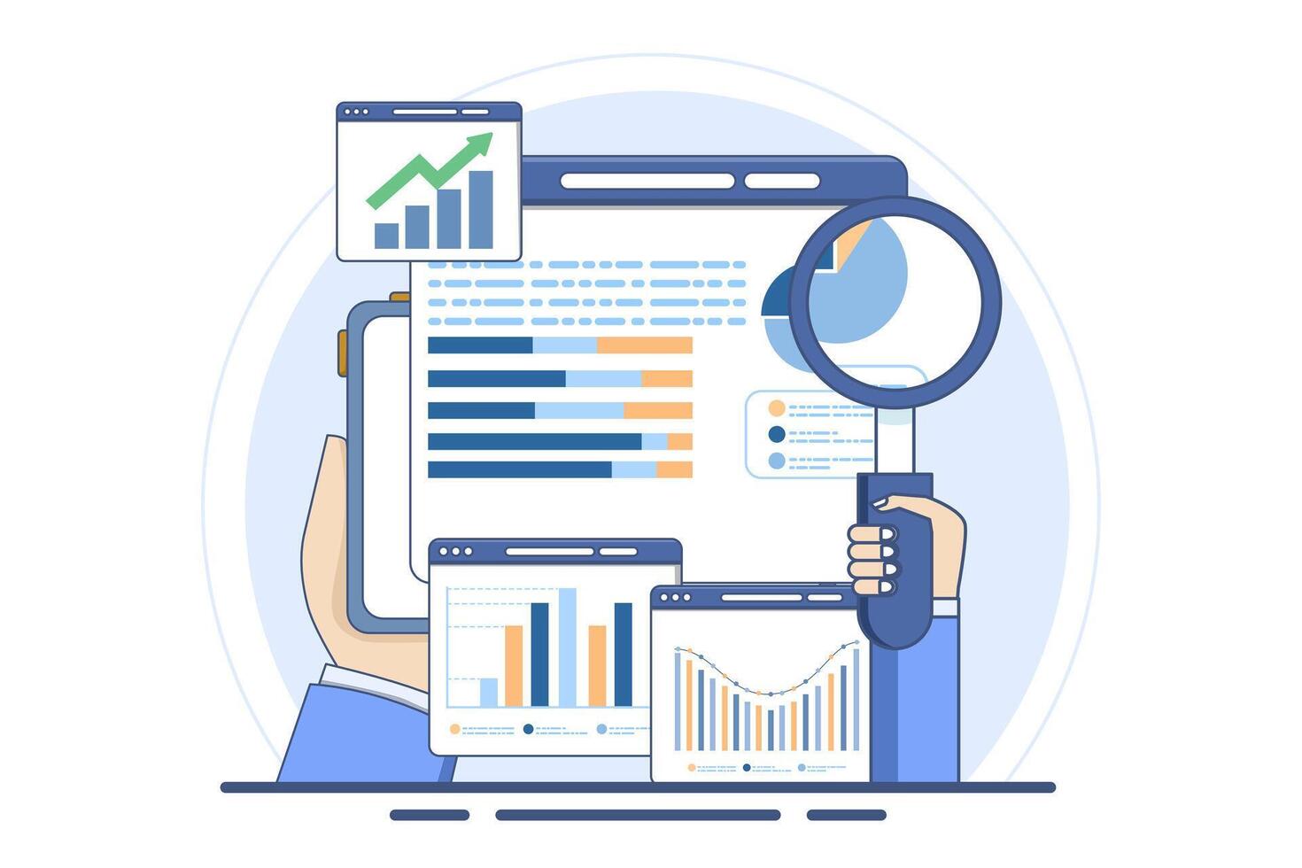 analysis and monitoring concept, web reporting dashboard and data analysis research for business financial planning. Flat illustration design. vector