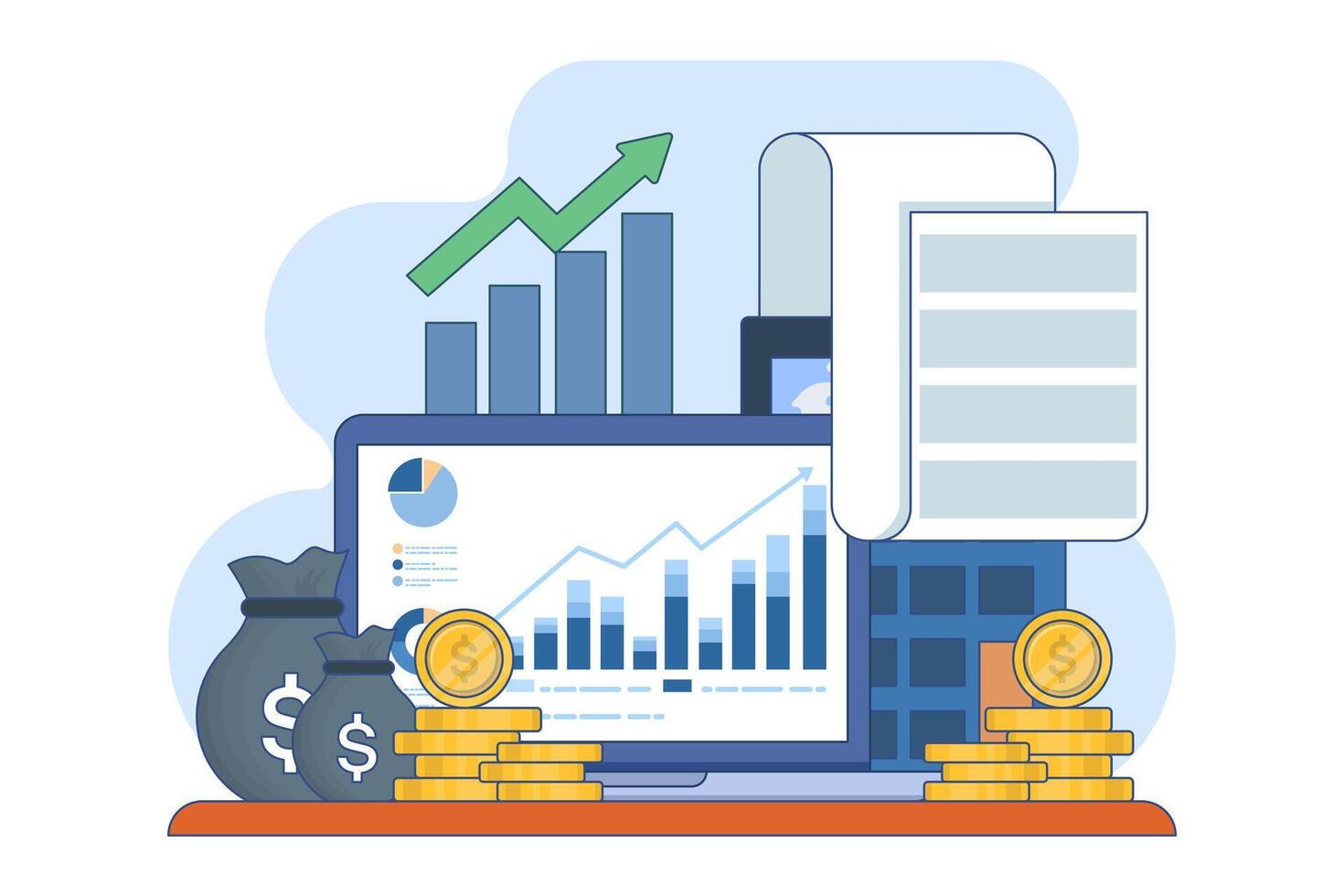 Accounting and finance concept. Income budget. Calculate profit by subtracting expenses from revenue. Business accountant with calculator. Flat illustration on background. vector