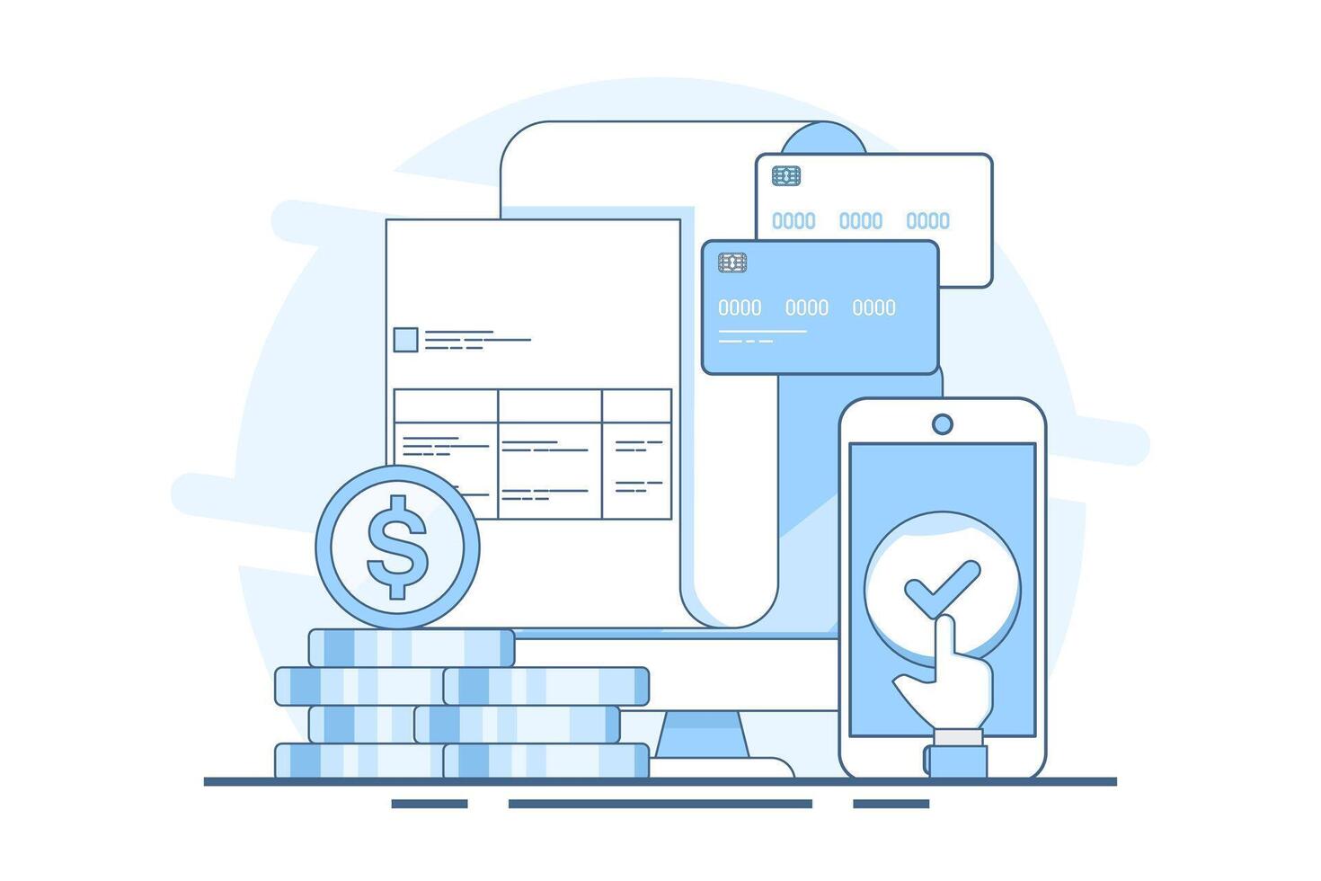 Digital payment system concept, Online payment, Online invoice, Online payment with smartphone and bank application. Online payment via smartphone, application for money transfer and mobile payment. vector