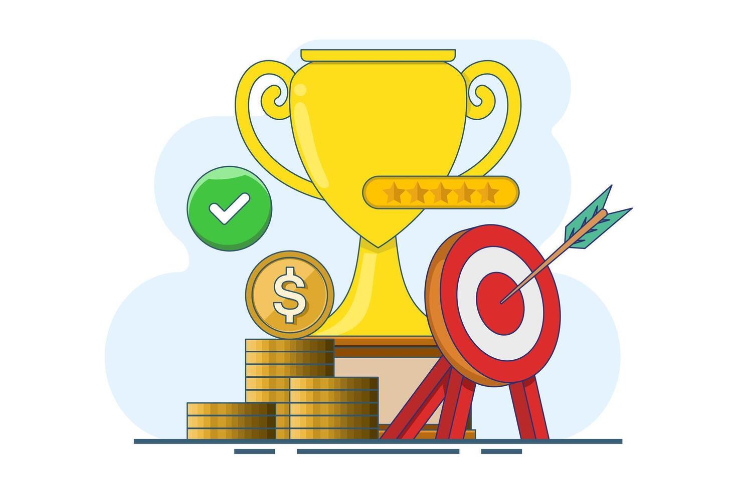 Goals and achievements, Business goals, achievement and success concept. Arrows hit the target with a big cup, target, target center, business plan, problem solving, design illustration. vector
