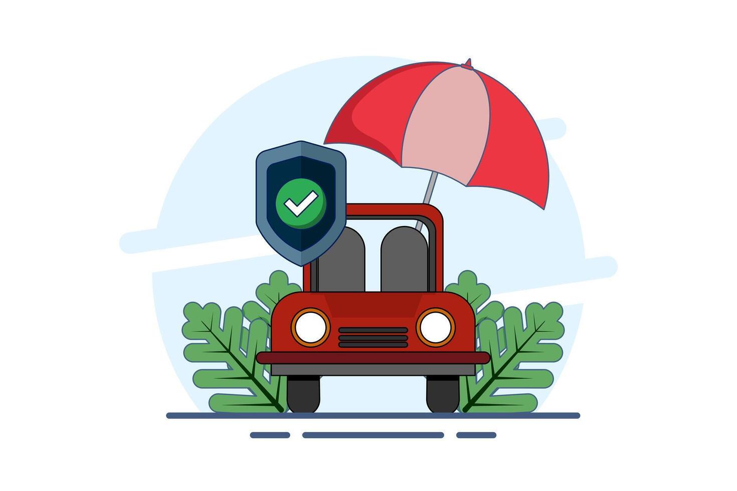Concept of car protection against damage, guarantee of car repair warranty for a certain period of time, vehicle protected with padlock or umbrella security banner. Flat illustration. vector