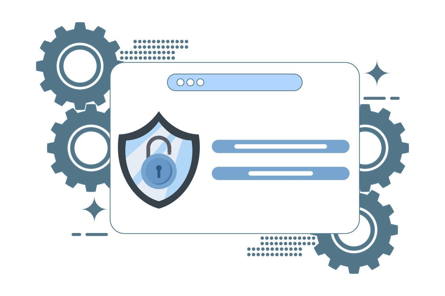 Device security concept, security access with password. Analog window with login screen and shield with lock on it. System requires password for access. Flat . vector